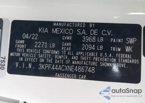 2022 Kia Forte Gt из США, поврежденный, VIN 3KPF44ACXNE486748